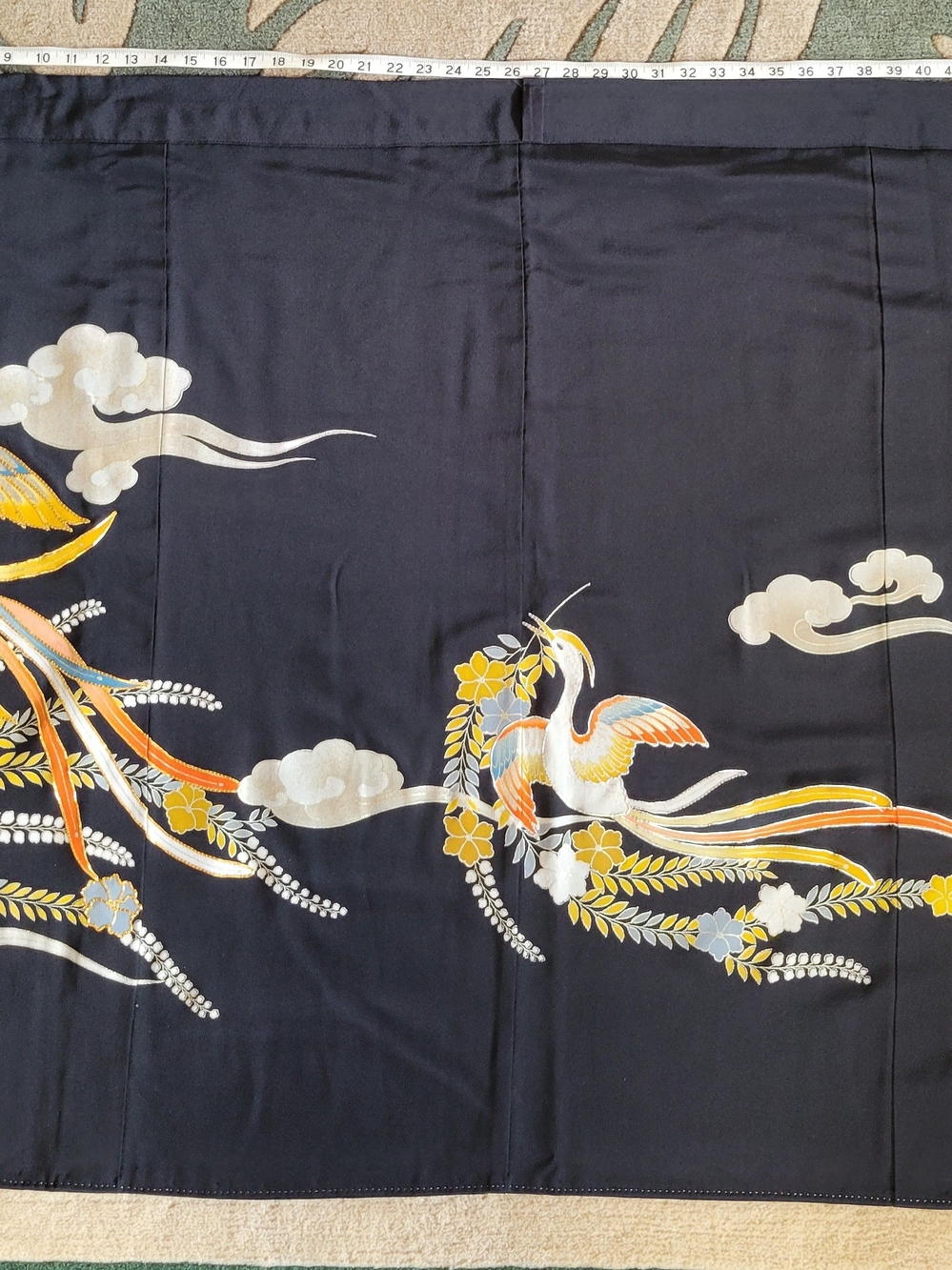 Hand Crafted Black Swim Sarong with Gold, Orange & Cream Crane Motif - Picture 7 of 7